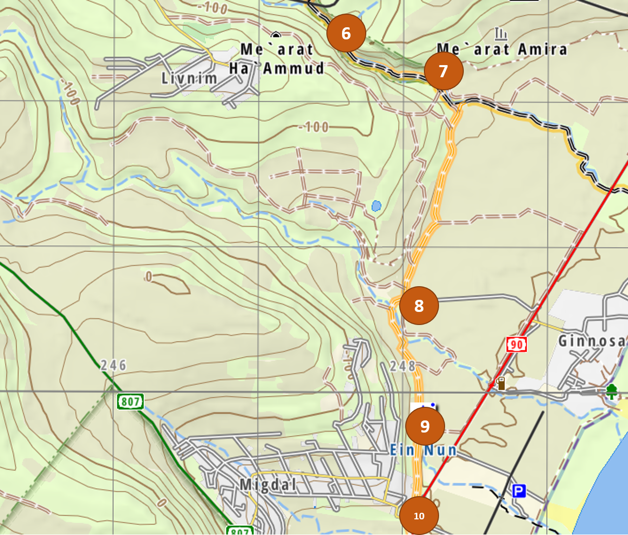 Lower Nahal Amud map on the Israel National Trail