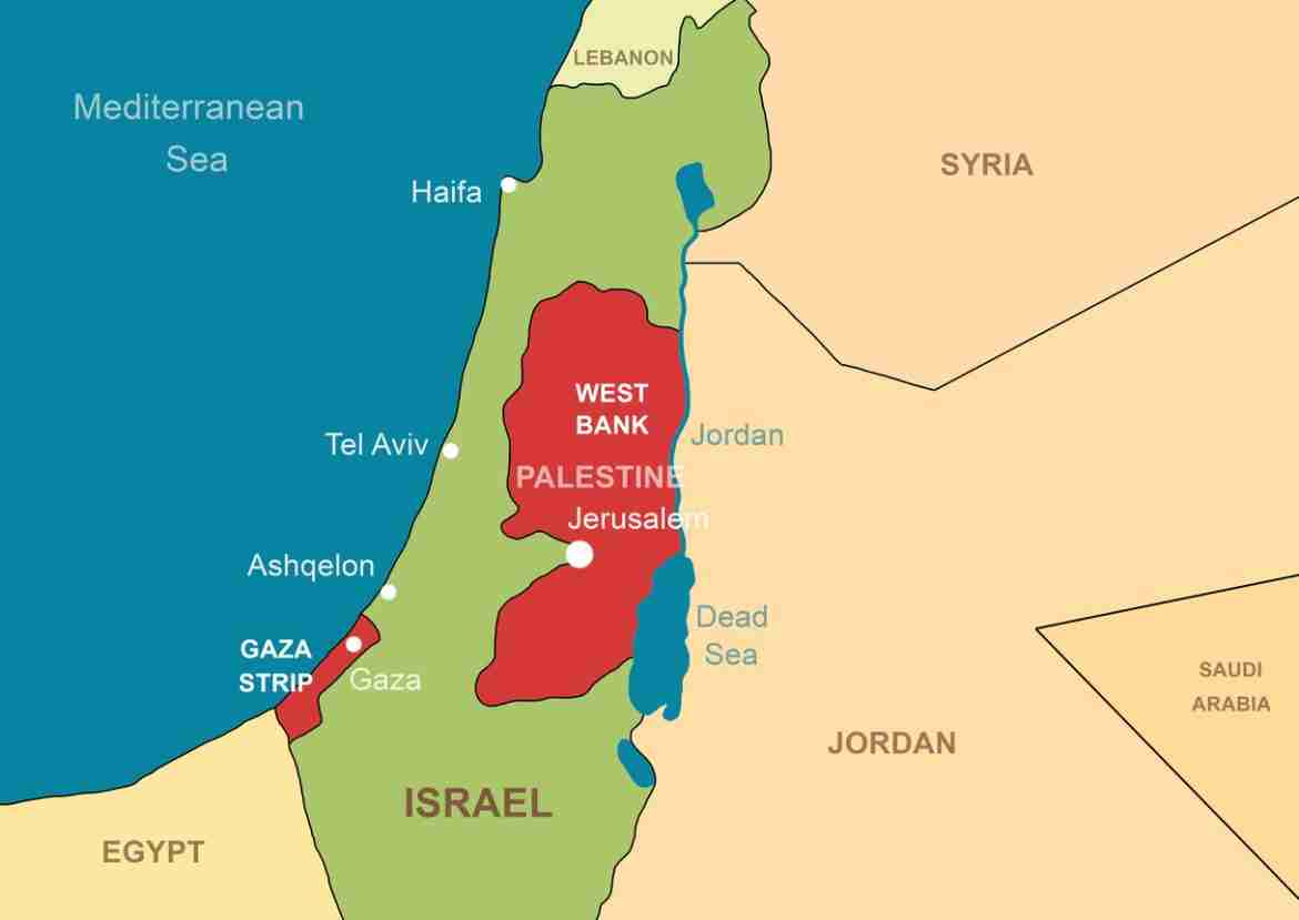 Map showing the Palestinian territories in the West Bank and Gaza on an Israel map